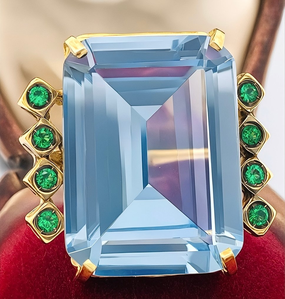 χωρίς τιμή ασφαλείας - Δαχτυλίδι - 9 kt. Κίτρινο χρυσό, Ασημί Ακουαμαρίνης - Σμαράγδι #4.3