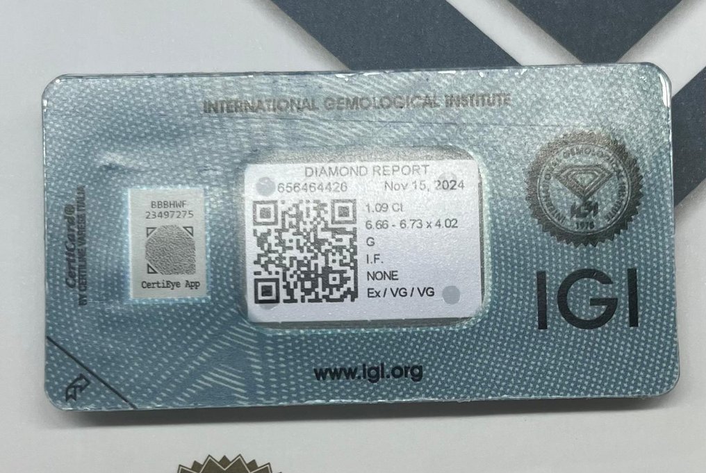 1 pcs 鑽石  (天然)  - 1.09 ct - 圓形 - G - IF - 國際寶石學院（International Gemological Institute (IGI)） #2.1