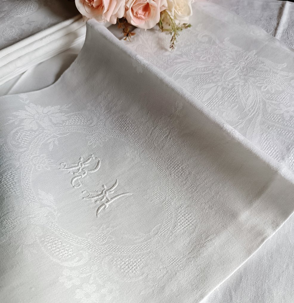 8 grandi tovaglioli fiandra lino ricamati a mano monogramma biancheria francese - Serviett (8)  - 80 cm - 65 cm - Gammel brudekroning #4.3