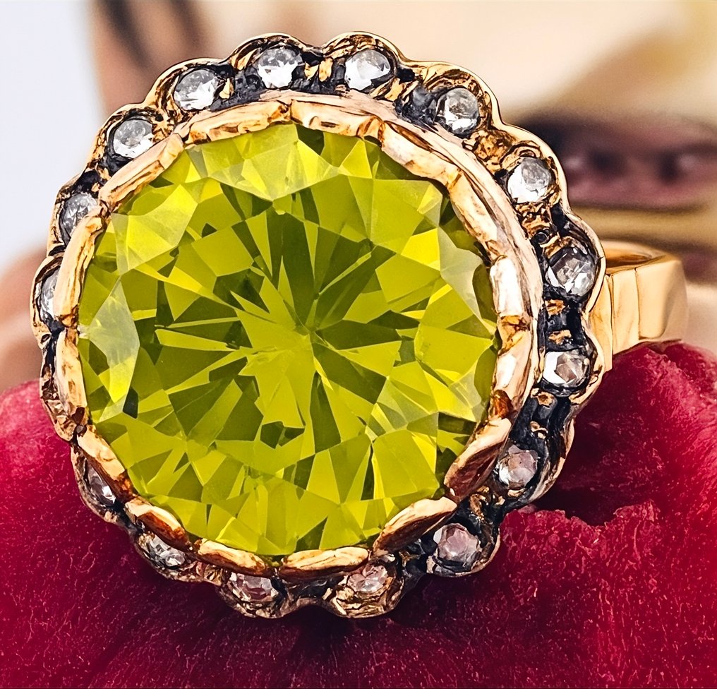 Ingen mindstepris - Ring - 9 kt. Gulguld, Sølv Peridot - Akvamarin #2.1