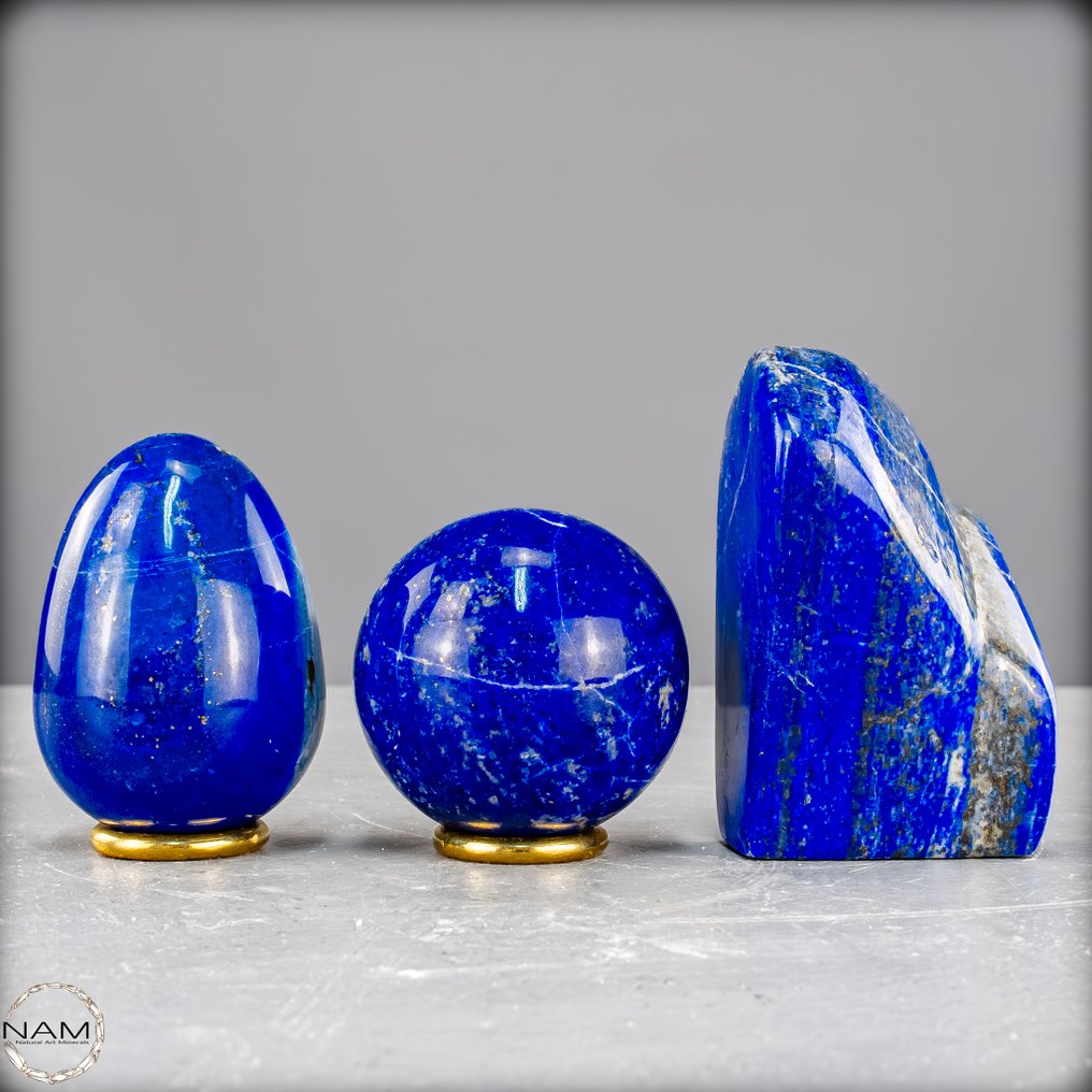 Φυσικό σετ Lapis Lazuli – αυγό, σφαίρα και ελεύθερο σχήμα. Μοναδικό τρίο- 656.71 g - (3) #3.2