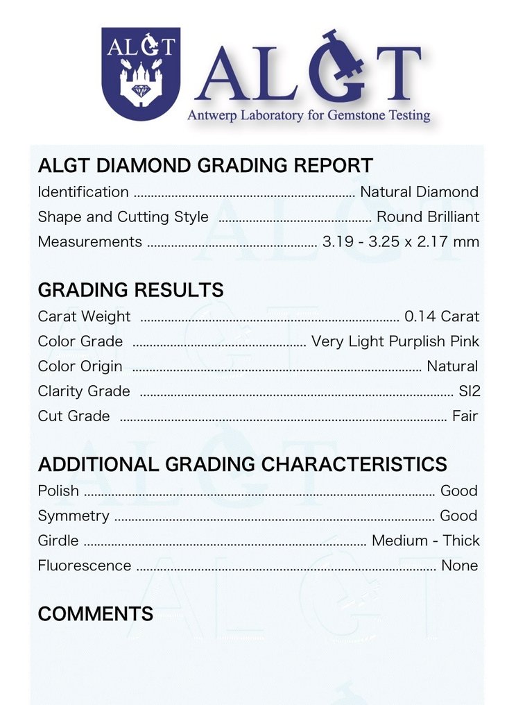 沒有保留價 - 1 pcs 鑽石  (天然彩色)  - 0.14 ct - 圓形 - Very light 淡紫色 粉紅色 - SI2 - Antwerp Laboratory for Gemstone Testing (ALGT) #2.1