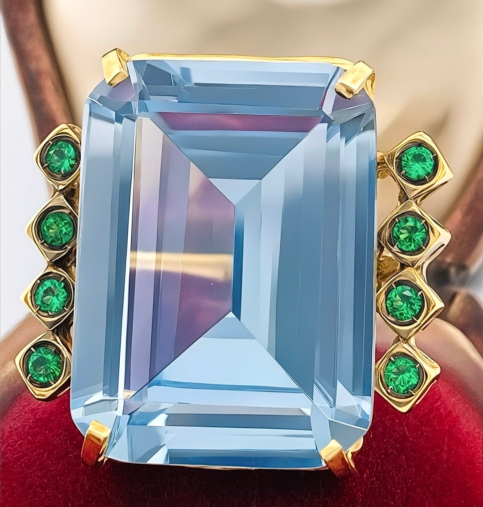 χωρίς τιμή ασφαλείας - Δαχτυλίδι - 9 kt. Κίτρινο χρυσό, Ασημί Ακουαμαρίνης - Σμαράγδι #2.1