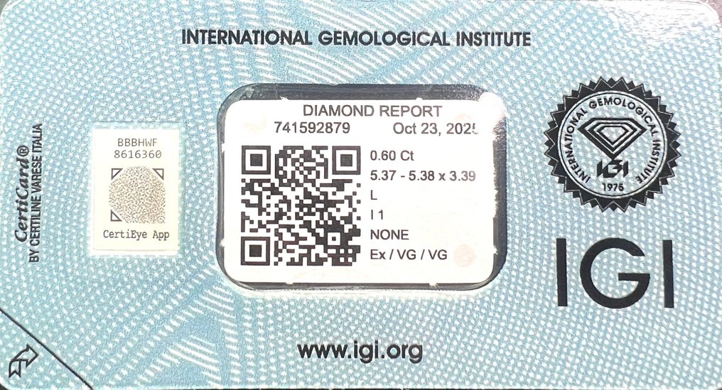 没有保留价 - 1 pcs 钻石 (天然) - 0.60 ct - 圆形 - L - I1 内含一级 - 国际宝石研究院(IGI) #3.2