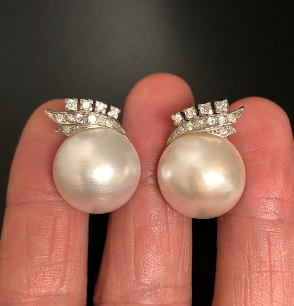 χωρίς τιμή ασφαλείας - Σκουλαρίκια - 18 καράτια Λευκός χρυσός -  0.52ct. tw. Διαμάντι (Φυσικό)  - Μαργαριτάρι - Διάμετρος 16 mm #3.2