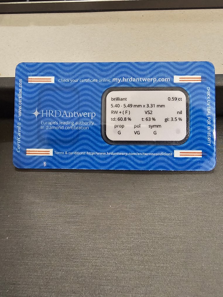 χωρίς τιμή ασφαλείας - 1 pcs Διαμάντι  (Φυσικό)  - 0.59 ct - Στρογγυλό - F - VS2 - HRD Αμβέρσας #1.0