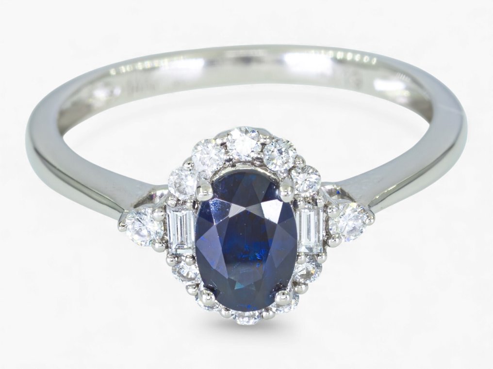 没有保留价 - 戒指 - 14K包金 白金, HRD Antwerp -  0.84ct. tw. 钻石 (天然) - 蓝宝石 #3.2