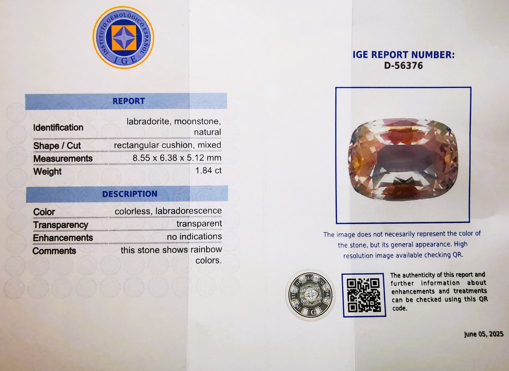 没有保留价 - 1 pcs  多色 月光石  - 1.84 ct - 西班牙宝石学院（IGE） - MOONSTONE/RAINBOW #2.1