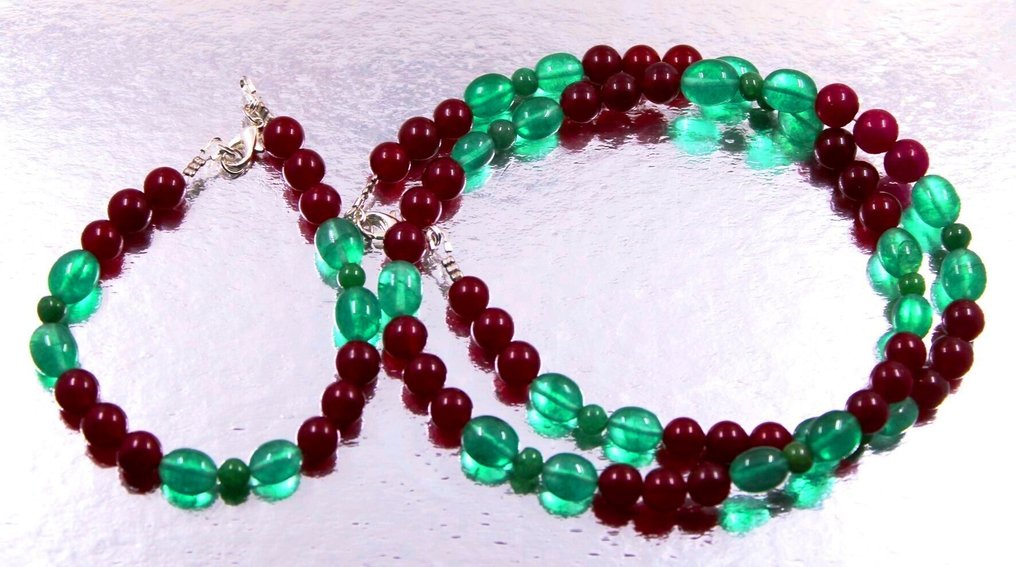 非常漂亮的手工项链和手链，镶嵌翡翠和红宝石，圆形、椭圆形和南瓜形珠子 - 297 珠寶- 59.4 g - (1) #1.0