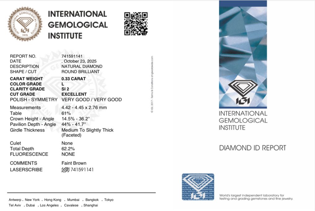 没有保留价 - 1 pcs 钻石  (天然)  - 0.33 ct - 圆形 - L - SI2 微内含二级 - 国际宝石研究院（IGI） #4.3
