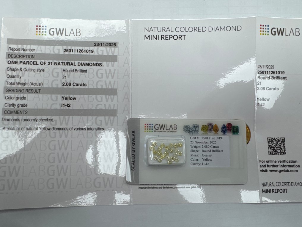 没有保留价 - 21 pcs 钻石  (天然色彩的)  - 2.08 ct - 圆形 黄色 - I1 内含一级, I2 内含二级 - Gemewizard宝石实验室（GWLab） #3.2