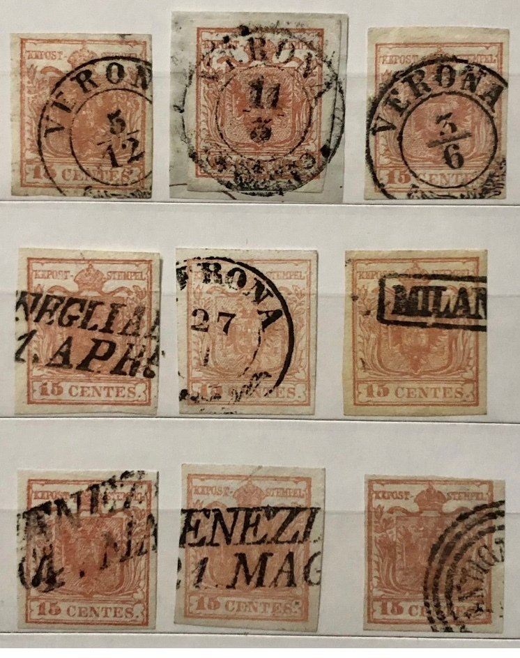 Αυστρία 1850/1851 - Αυστρία Λομβαρδία Βενετία 15 σεντ II τύπος 1851 χρησιμοποιημένα 9 δείγματα κατάλογος sassone €1350 #1.0