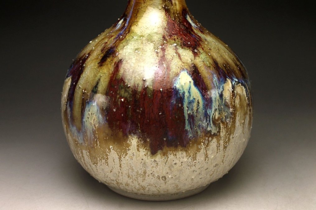 花瓶 - Shigaraki Ware 滴釉三彩“鹤首”花瓶——具有自然灰烬的宏伟雕塑形态 - 日本  (没有保留价) #3.2
