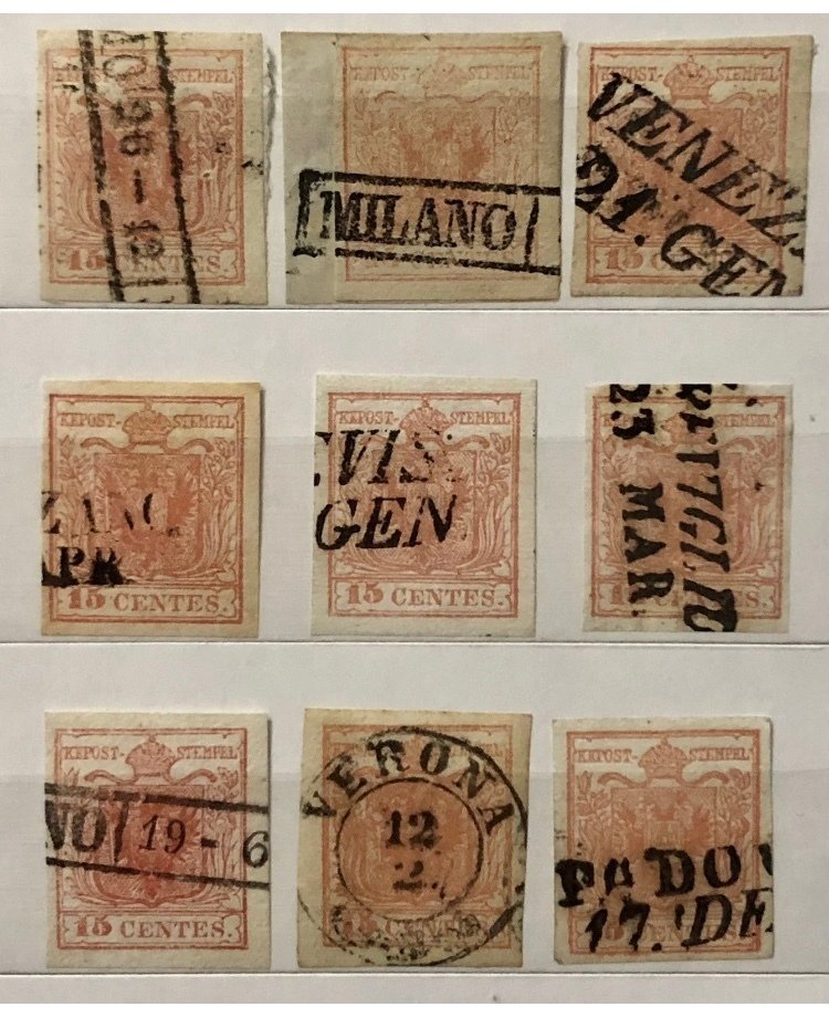 Αυστρία 1850/1851 - Αυστρία Λομβαρδία Βενετία 15 σεντ II τύπος 1851 χρησιμοποιημένα 9 δείγματα κατάλογος sassone €1350 #1.0