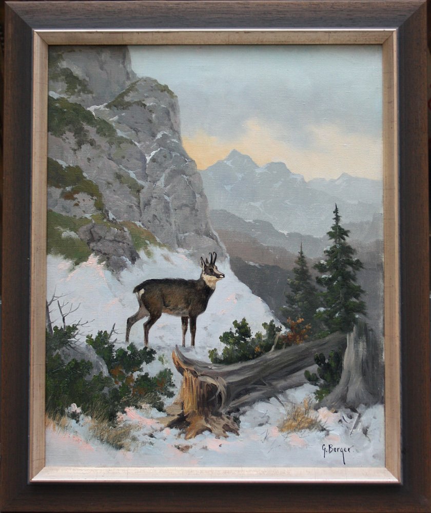 Georg Berger (1862-1942) - Alpine winter landscape with chamois #1.0