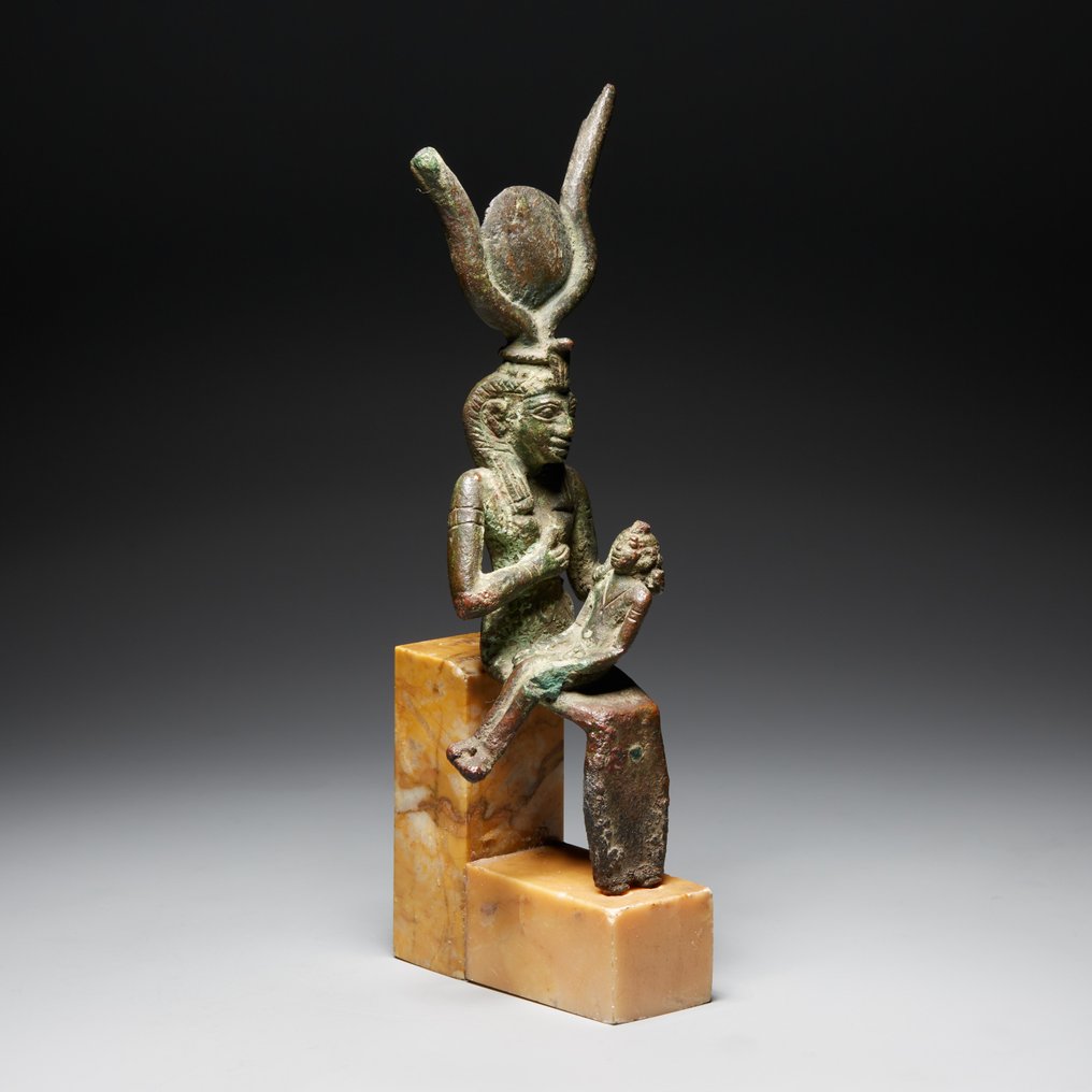 Ancient Egyptian Bronze Isis breastfeeding Harpocrates figure. Late Period, 664 - 332 B.C. 13.2 cm height. #1.0