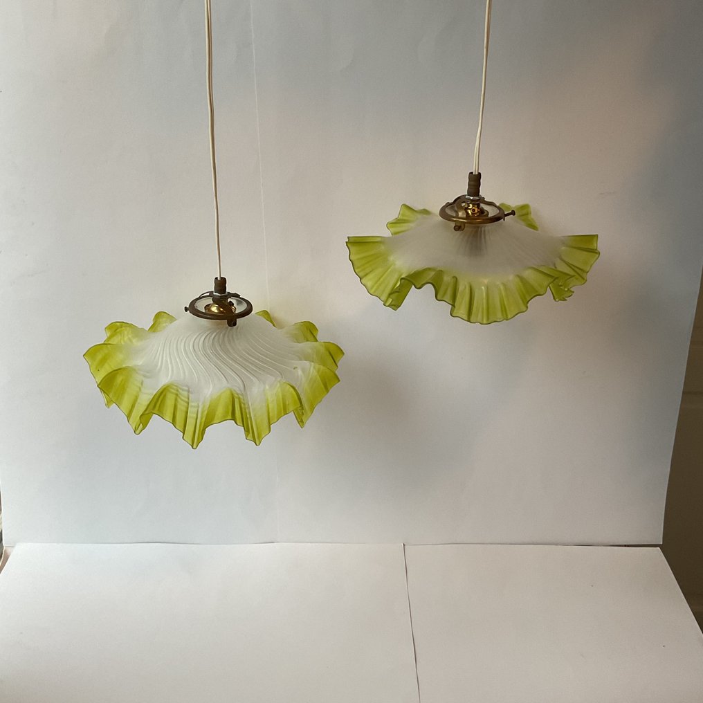 Φωτιστικό - Ορείχαλκος, Γυαλί, Μέταλλο - Δύο φωτιστικά οροφής - Γυαλί με θολό, διάφανο φινίρισμα και στροβίλισμα με ραβδώσεις και κυματιστά #2.1