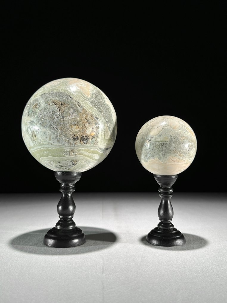 无底价 - 精美的缟玛瑙一对 定制支架上的球体- 3100 g - (2) #1.0