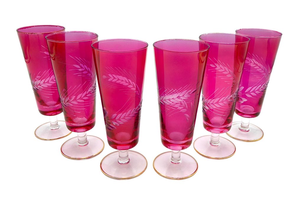 Κολονάτο ποτήρι σαμπάνιας - 6 τεμάχια φιάλες Mirtillo Rosso με κριθάρι και λεπτομέρειες σε 24 καρατίων χρυσό - Στυλ Mary Gregory - Χειροποίητο σκαλιστό κρύσταλλο. - δεκαετία του 1950 #1.0