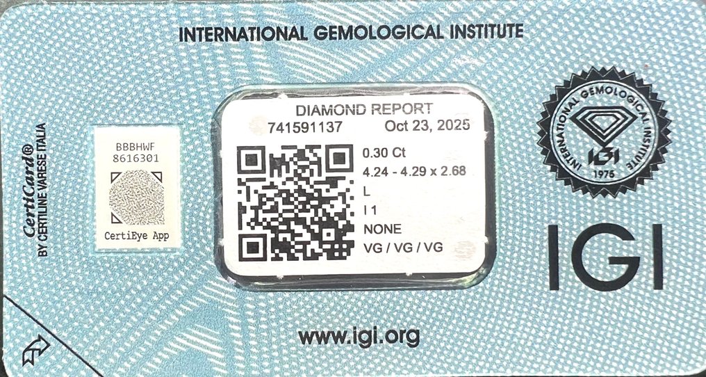 χωρίς τιμή ασφαλείας - 1 pcs Διαμάντι  (Φυσικό)  - 0.30 ct - Στρογγυλό - L - I1 - International Gemological Institute (IGI) #3.2