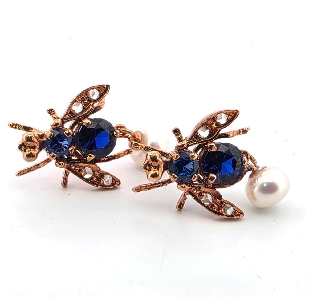 Ohne mindestpreis - Ohrringe - 9 Kt Roségold, Silber Saphir - Diamant #2.1