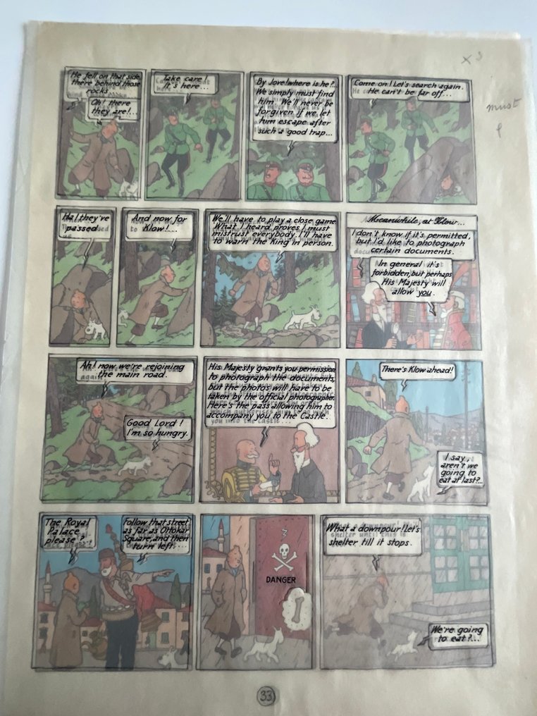 Hergé - Making Of page 33 - texte manuscrit sur calque et page correspondante METHUEN. #1.0