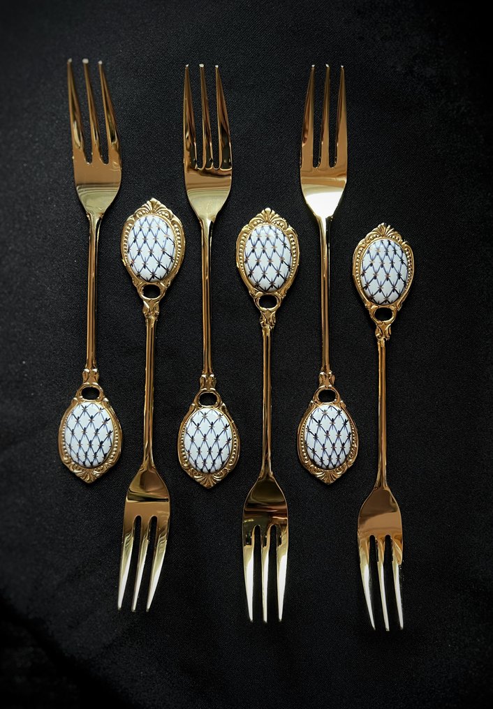 Lomonosov Imperial Porcelain - 叉 (6) - 6把镀金钴网叉,22克拉黄金 - 瓷, 金属, 镀金 - 非常罕见! #1.0