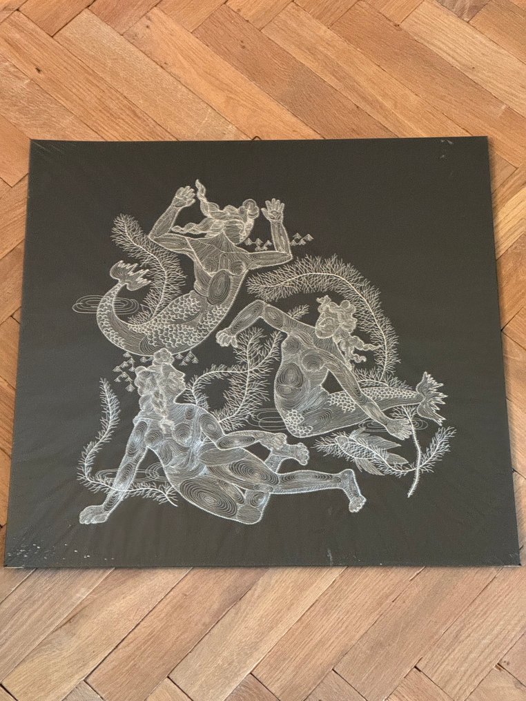 白色美人鱼在黑色上 - 刺繡 - 44 cm - 46 cm - 手工刺绣艺术品 #1.0