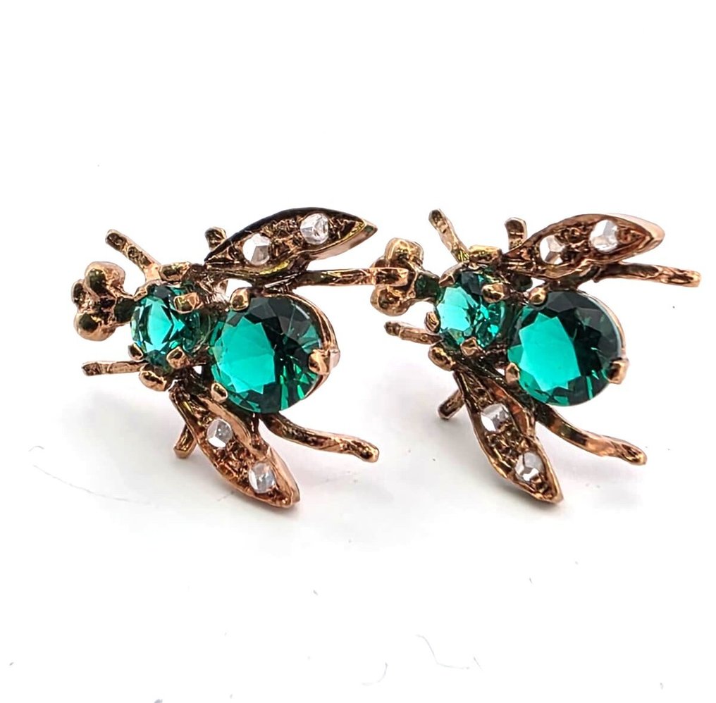 Senza prezzo di riserva - Orecchini - 9 kt Oro rosa, Argento Smeraldo - Diamante #1.0