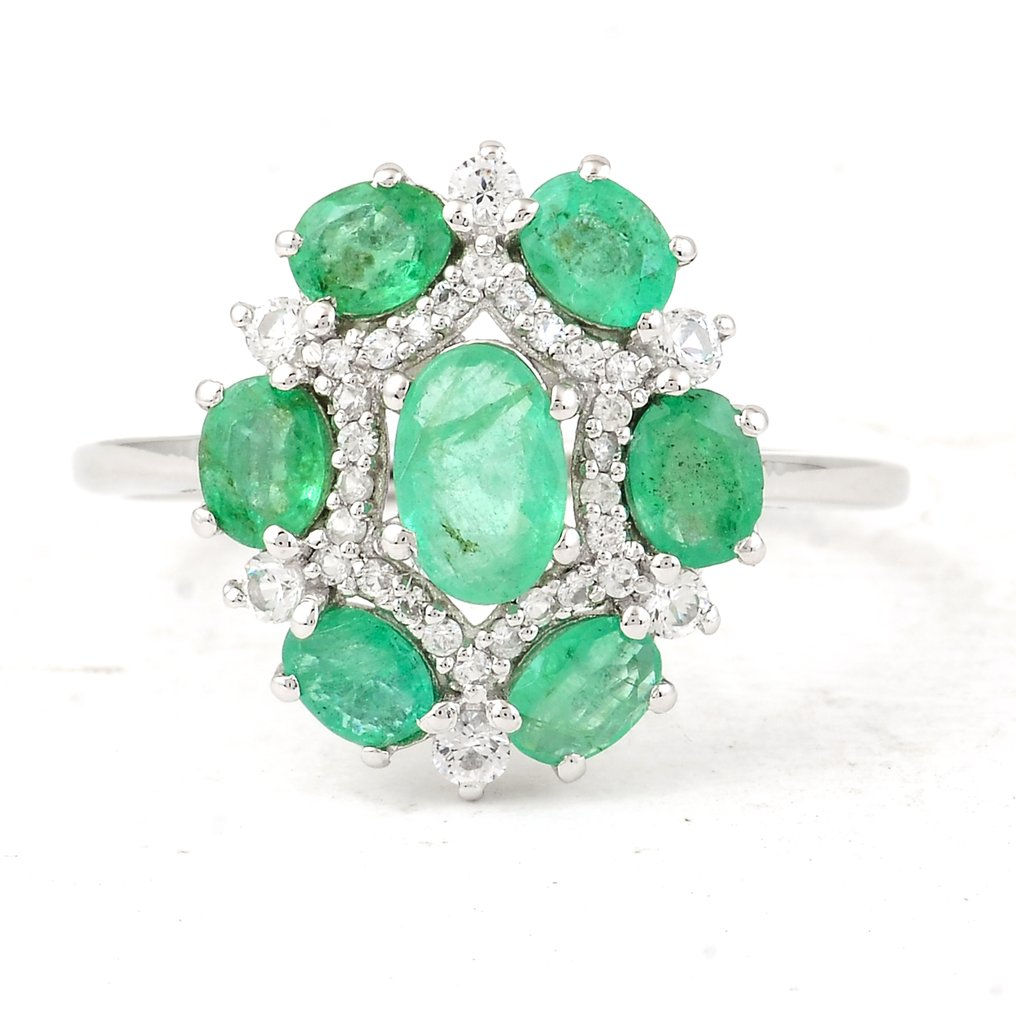 没有保留价 - 戒指 白金 -  1.61ct. tw. 祖母绿 - 蓝宝石 #1.0