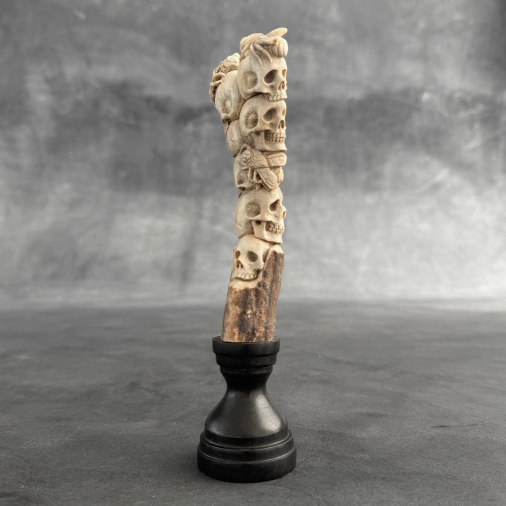 Utskjæring, NO RESERVE PRICE - Stunning Human Skulls & Flies carving from deer antler on a custom stand - 18 cm - Elggevir - 2025 #4.3