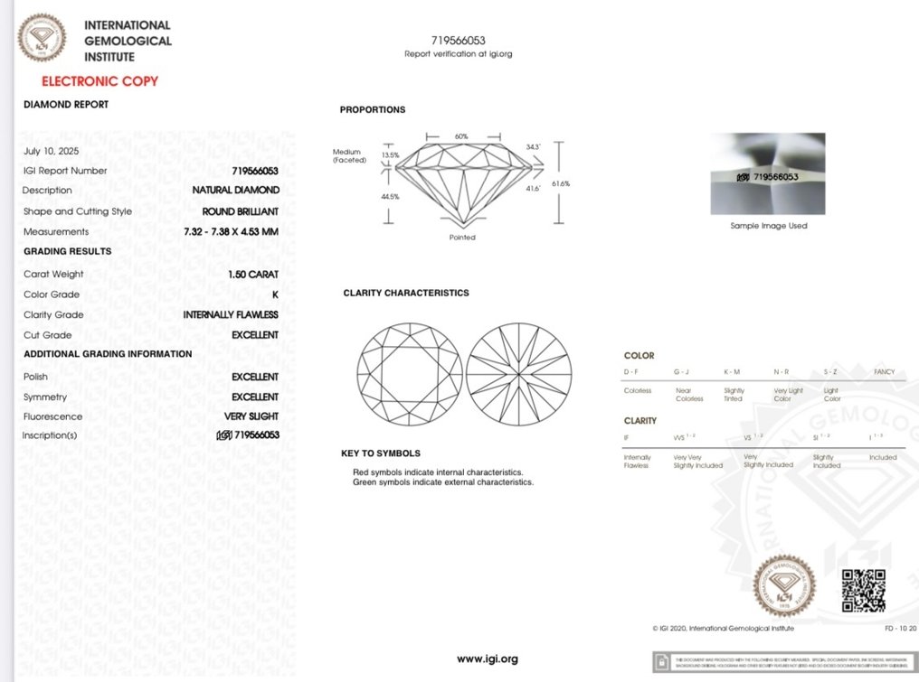 No reserve price - 1 pcs Diamond (Natural) - 1.50 ct - Round - K - IF - International Gemological Institute (IGI) - Ex Ex Ex #4.3
