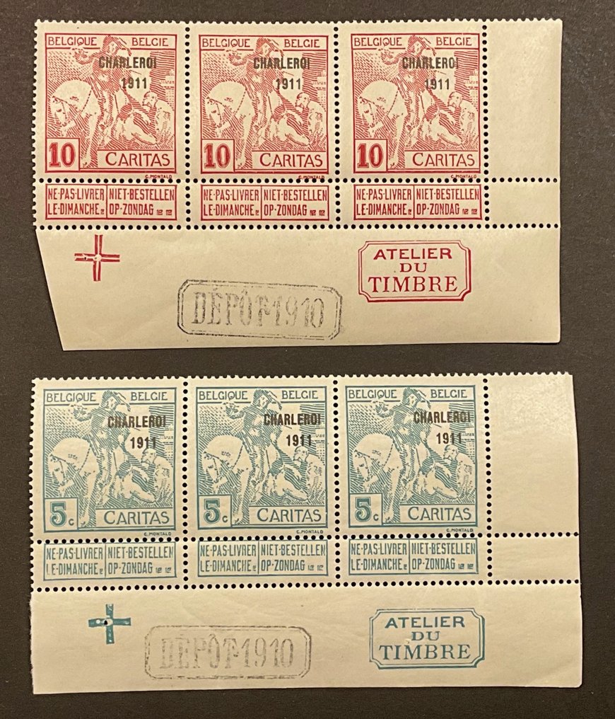 Βέλγιο 1910/1911 - Caritas «Charleroi 1911» - Ολόκληρη σειρά σε σελίδα με φύλλο και σφραγίδα αποθήκευσης - μετά την - OBP/COB 100/07 #3.2