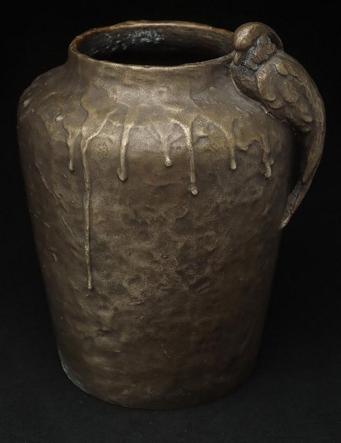 花瓶 - 黄铜色, Isozaki Yoshitsugu 磯崎美亜（1884-1949） - 日本 - 花/花瓶/鹦鹉/鸟 #1.0