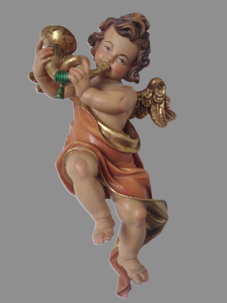 Σκάλισμα, Farbiger Engel mit Horn  - Schutzengel - Wandfigur - 18 cm - Ξύλο #1.0