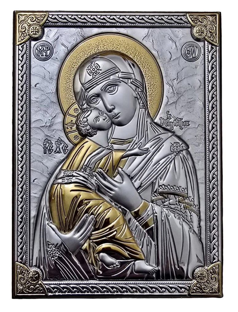 标志 - 弗拉基米尔上帝之母 - 镀银, 木 - 18 x 24 厘米 #1.0