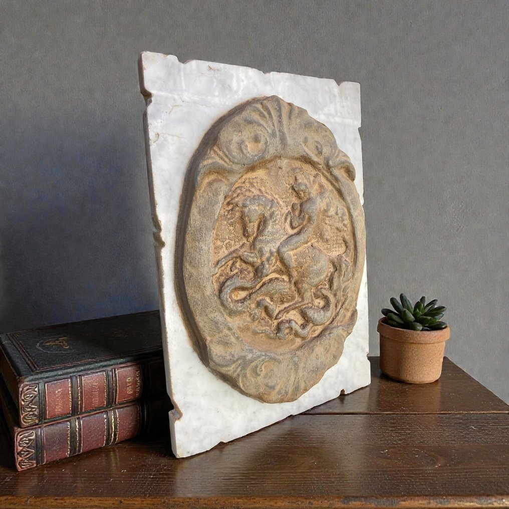 Skulptur, San Giorgio uccide il drago - 40 cm - Marmor, Stein #1.0