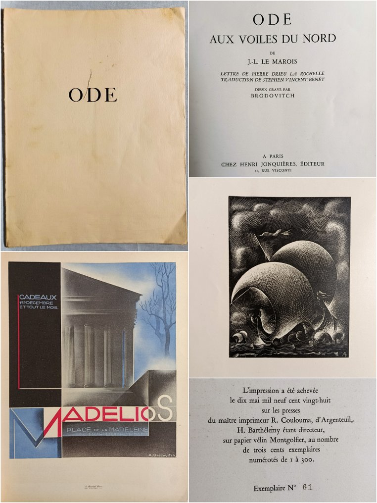 DRIEU LA ROCHELLE / BRODOVITCH - Ex. enrichi d'une litho couleurs de Brodovitch. Odes aux voiles du nord. - 1928 #1.0