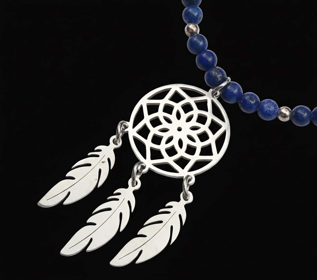 Λάπις λαζούλι - Κολιέ Attrape-Rêves: Μαγεία των Ονείρων & Ουράνια Αρμονία - Κούμπωμα, ασημένιες χάντρες 925 - Κολιέ με μενταγιόν #2.1