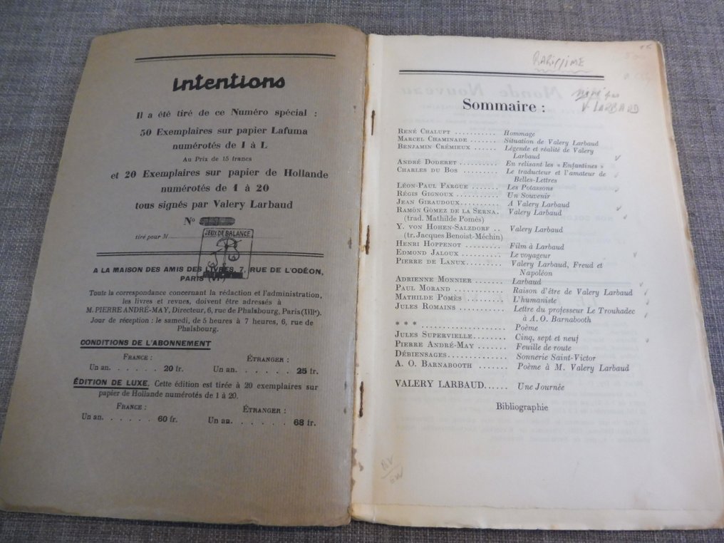 Intentions Valery Larbaud - 1922 #1.0