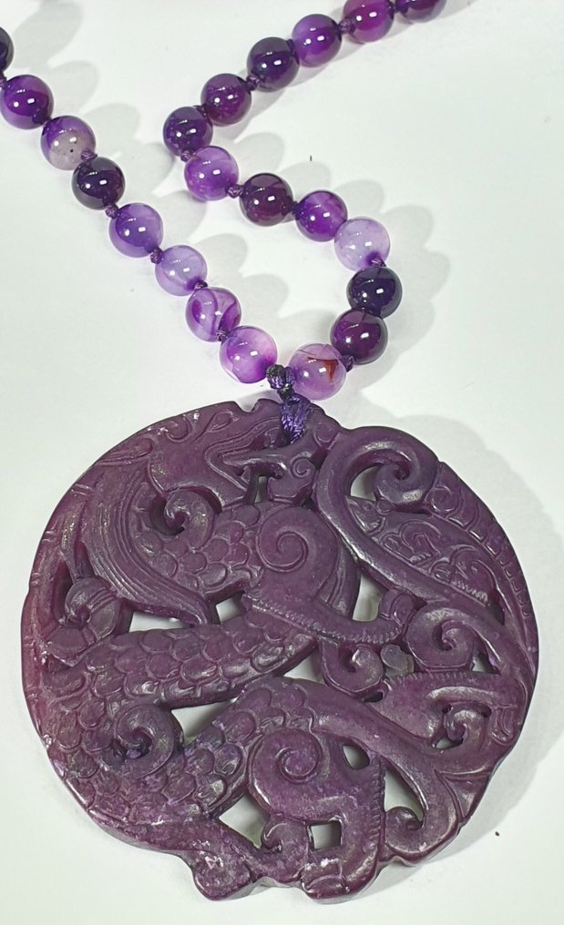 紫色玛瑙和藏族保护护符——龙与凤凰——促进情侣之间的爱情 - 吊坠项链 #3.2