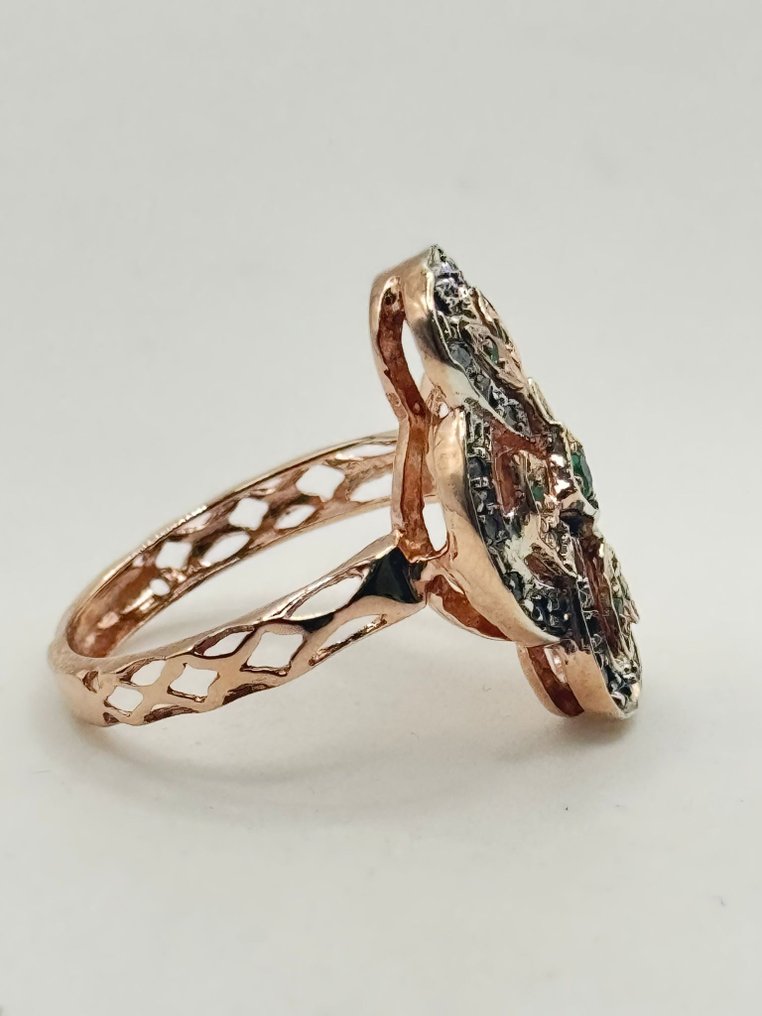 χωρίς τιμή ασφαλείας - Δαχτυλίδι - 9 kt. Ροζ χρυσό, Ασημί Σμαράγδι - Διαμάντι #1.0