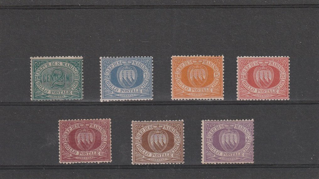 聖馬力諾 1877 - 编号或标志 - 第一批未使用过的邮票系列 MNH，附带多个证书。 #1.0