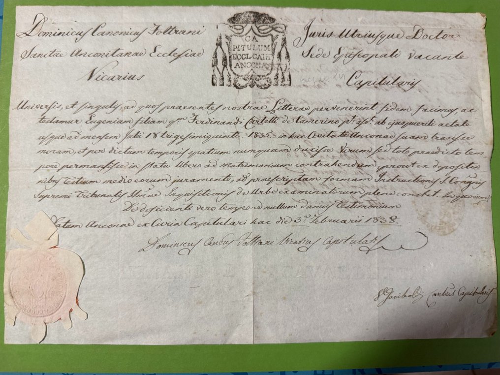 Dominicus Canonici Foltrani - Manoscritto ecclesiastico 1838 – Ancona, Stato Pontificio – Sigillo - 1838 #1.0