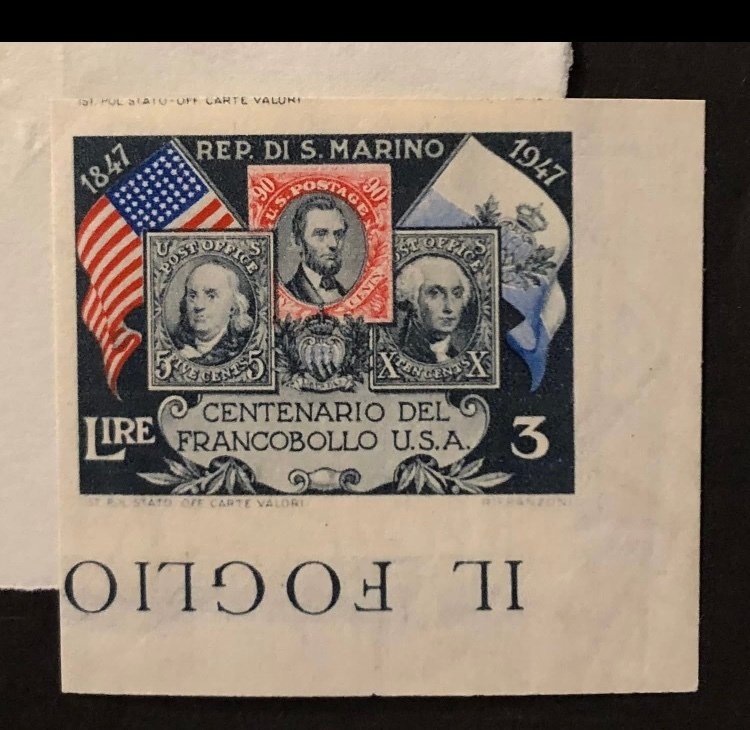 圣玛利诺 1847/1849 - 圣马力诺 1947 年灰色石板色3里拉,无齿变体,朱利奥·博拉菲 1969 #1.0