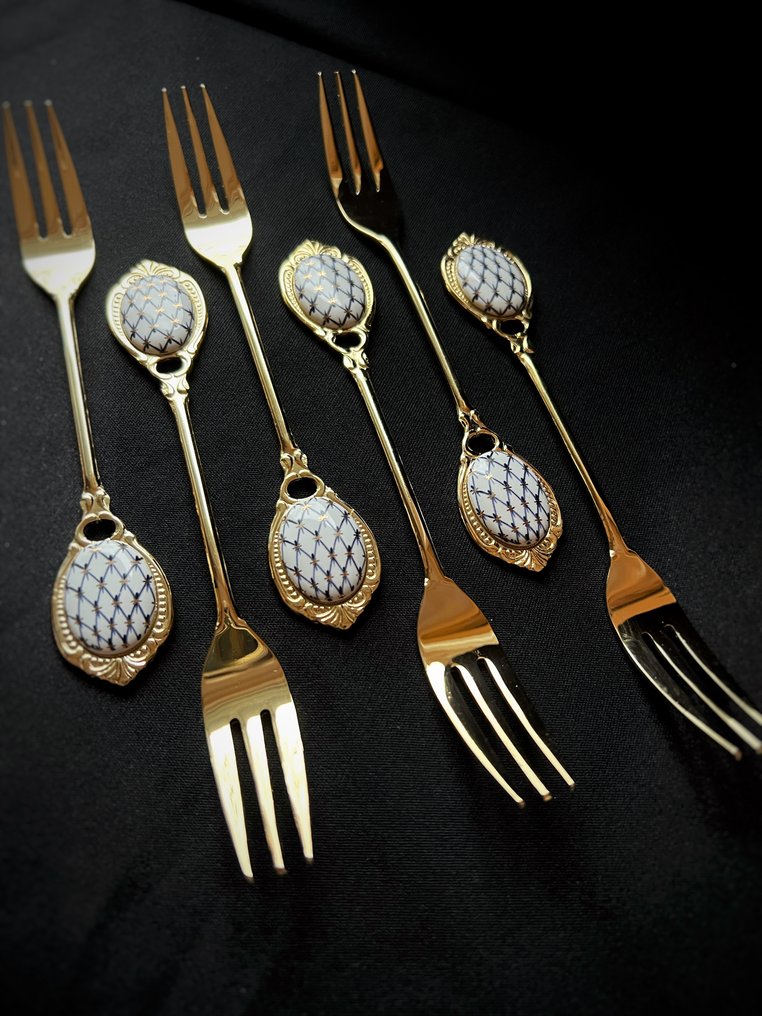 Lomonosov Imperial Porcelain - 叉 (6) - 6把镀金钴网叉,22克拉黄金 - 瓷, 金属, 镀金 - 非常罕见! #4.3