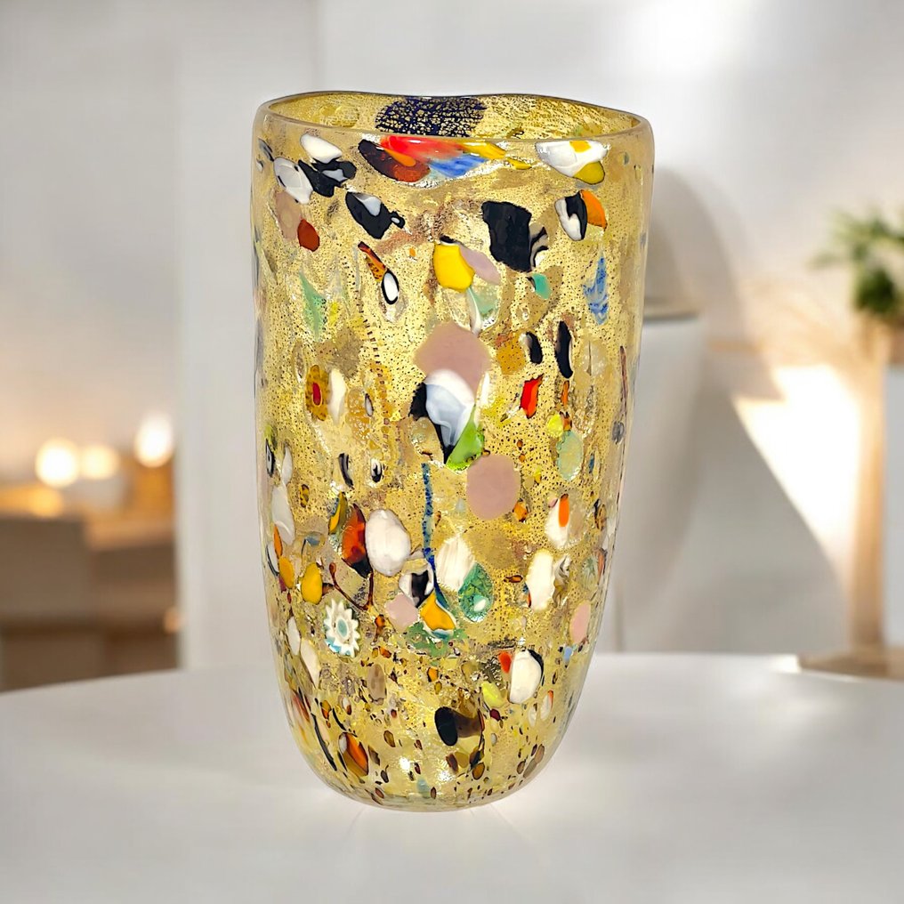 Filippo Maso - Vase -  Large amber vase with silver leaf and murrine - Murano glass #1.0