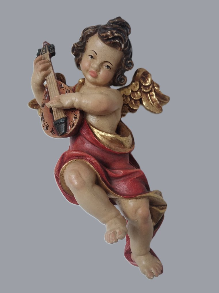 Σκάλισμα, Farbiger Engel mit Mandoline - Schutzengel - Wandfigur - 18 cm - Ξύλο #1.0