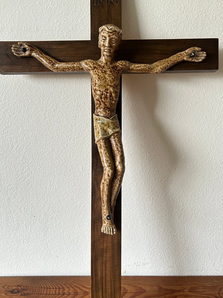  耶穌受難十字架像 - 陶瓷, 木 - 1950-1960 - 大十字架 - 73厘米  #3.2