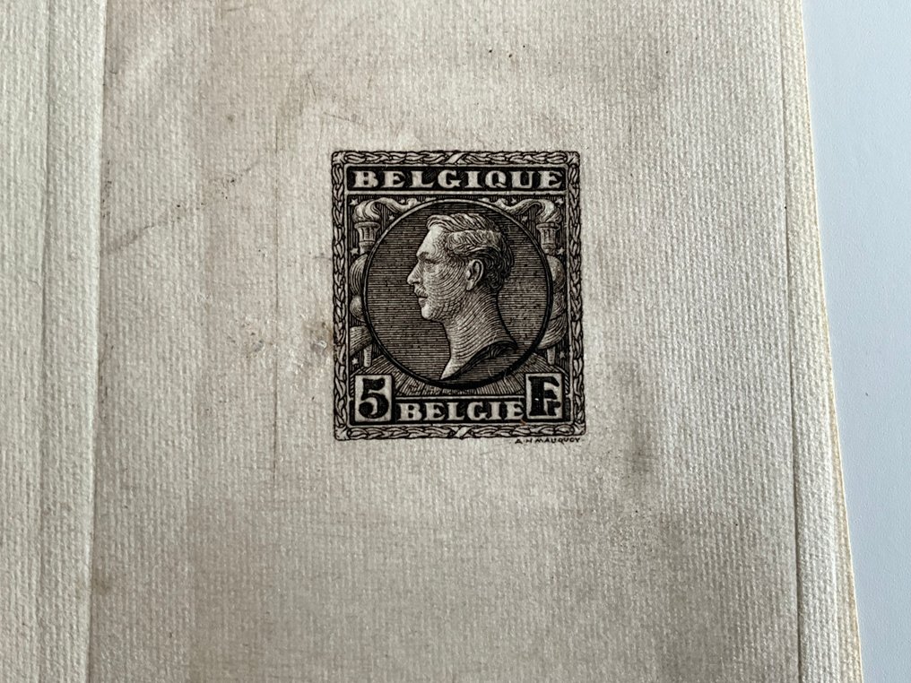 Belgio 1928 - Albert 1 - Prova di moneta da 5 franchi MAUCQUOY su piccolo foglietto. #2.1